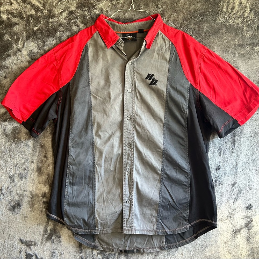 Harley Davidson Shirt Mens 2XL Button Up Red Gray Racing Graphic Streetwear